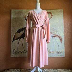 NWOT Shein Midi Dress Surplice Long Sleeve Salmon Peach Spring Medium Stretch